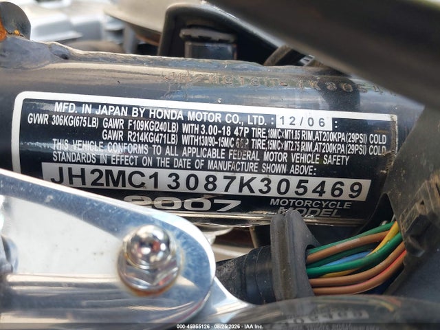 Aukcja sprzedaży 2007 Honda Cmx250 C, vin: JH2MC13087K305469, numer aukcji: 45955126