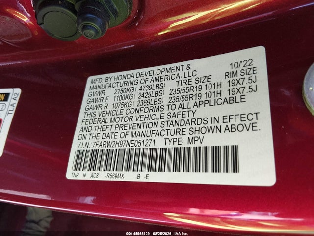 Продаж на аукціоні авто 2022 Honda Cr-v Awd Touring, vin: 7FARW2H97NE051271, номер лоту: 45955129
