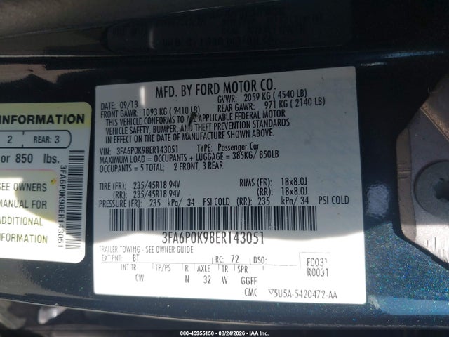 45955150 :رقم المزاد ، 3FA6P0K98ER143051 vin ، 2014 Ford Fusion Titanium مزاد بيع