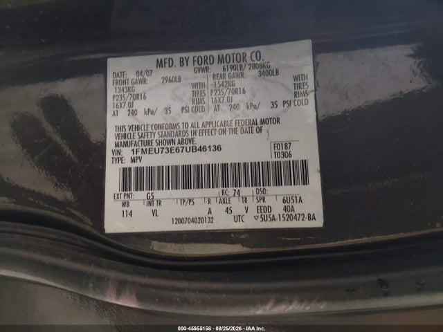 Aukcja sprzedaży 2007 Ford Explorer Xlt, vin: 1FMEU73E67UB46136, numer aukcji: 45955158