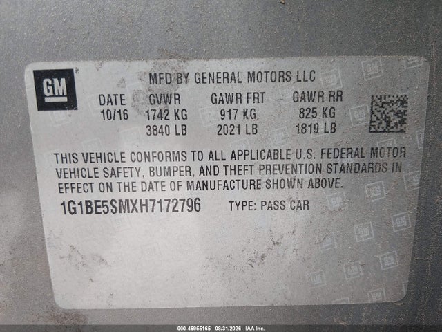 Продаж на аукціоні авто 2017 Chevrolet Cruze Lt Auto, vin: 1G1BE5SMXH7172796, номер лоту: 45955165