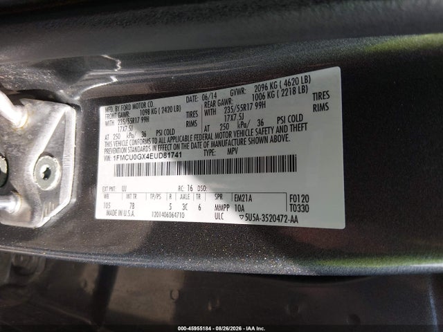 2014 Ford Escape Se მანქანა იყიდება აუქციონზე, vin: 1FMCU0GX4EUD81741, აუქციონის ნომერი: 45955184