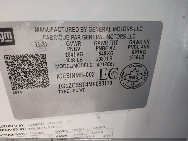 45955198 :رقم المزاد ، 1G1ZC5ST4MF083110 vin ، 2021 Chevrolet Malibu Ls مزاد بيع