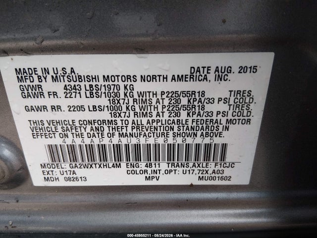 2015 Mitsubishi Outlander Sport Se მანქანა იყიდება აუქციონზე, vin: 4A4AP4AU3FE050775, აუქციონის ნომერი: 45955211