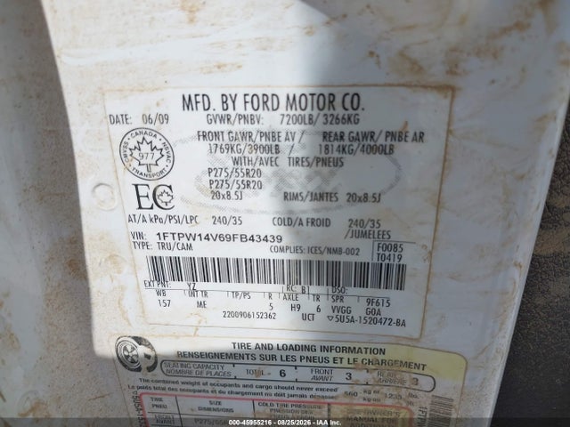 45955216 :رقم المزاد ، 1FTPW14V69FB43439 vin ، 2009 Ford F-150 Xlt مزاد بيع