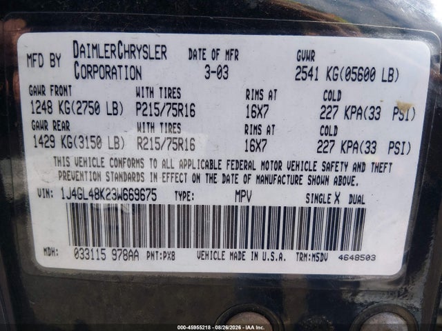 2003 Jeep Liberty Sport მანქანა იყიდება აუქციონზე, vin: 1J4GL48K23W669675, აუქციონის ნომერი: 45955218