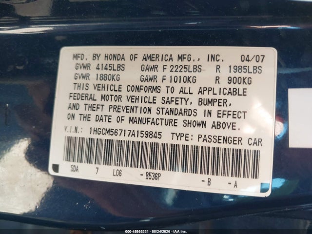 45955231 :رقم المزاد ، 1HGCM56717A159845 vin ، 2007 Honda Accord 2.4 Ex مزاد بيع