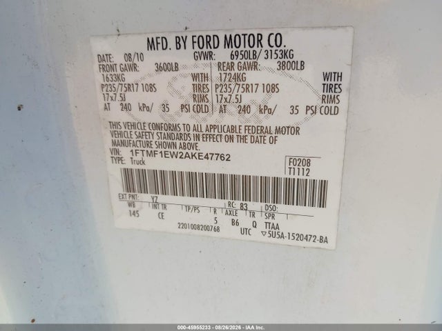 Продаж на аукціоні авто 2010 Ford F-150 Stx/xl/xlt, vin: 1FTMF1EW2AKE47762, номер лоту: 45955233