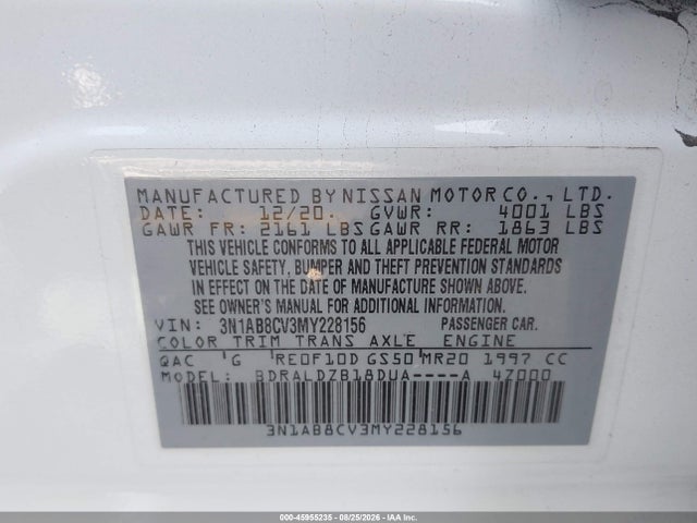 2021 Nissan Sentra Sv Xtronic Cvt მანქანა იყიდება აუქციონზე, vin: 3N1AB8CV3MY228156, აუქციონის ნომერი: 45955235