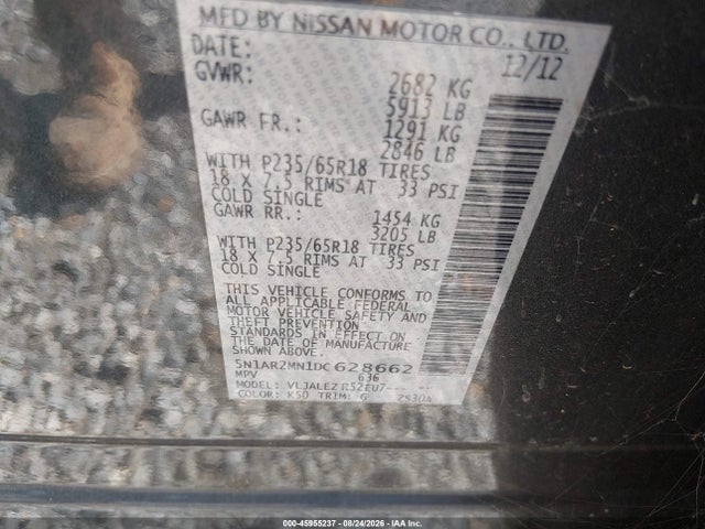 2013 Nissan Pathfinder Sv მანქანა იყიდება აუქციონზე, vin: 5N1AR2MN1DC628662, აუქციონის ნომერი: 45955237