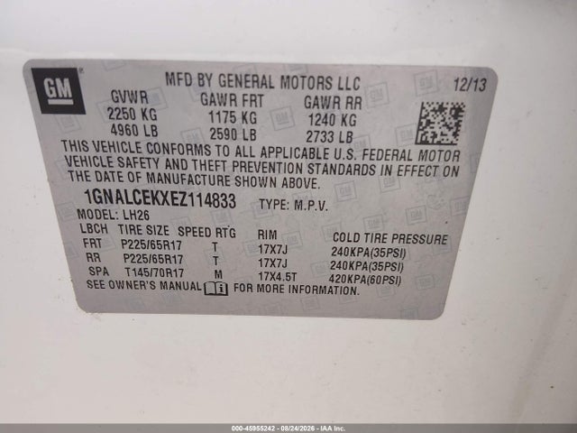 Aukcja sprzedaży 2014 Chevrolet Equinox Lt, vin: 1GNALCEKXEZ114833, numer aukcji: 45955242