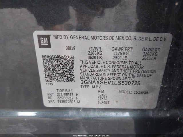 Aukcja sprzedaży 2020 Chevrolet Equinox Awd Ls, vin: 3GNAXSEV1LS530725, numer aukcji: 45955243