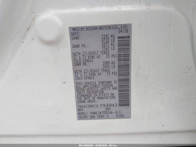 2018 Nissan Rogue Sv მანქანა იყიდება აუქციონზე, vin: 5N1AT2MV2JC793942, აუქციონის ნომერი: 45955260