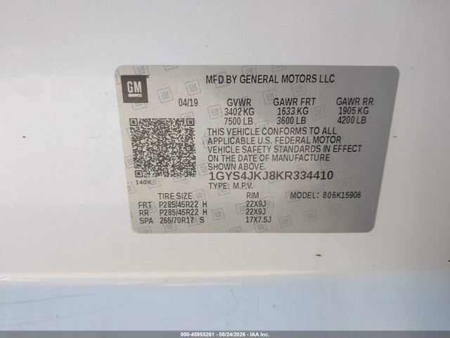 45955261 :رقم المزاد ، 1GYS4JKJ8KR334410 vin ، 2019 Cadillac Escalade Esv Premium Luxury مزاد بيع