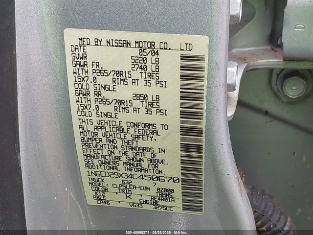 Aukcja sprzedaży 2004 Nissan Frontier Xe-v6, vin: 1N6ED29X34C450670, numer aukcji: 45955271