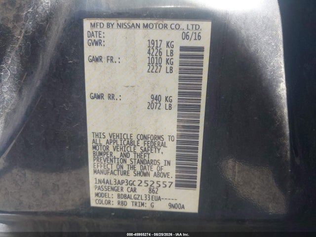 Продажа на аукционе авто 2016 Nissan Altima 2.5/2.5 S/2.5 Sl/2.5 Sr/2.5 Sv, vin: 1N4AL3AP3GC252557, номер лота: 45955274
