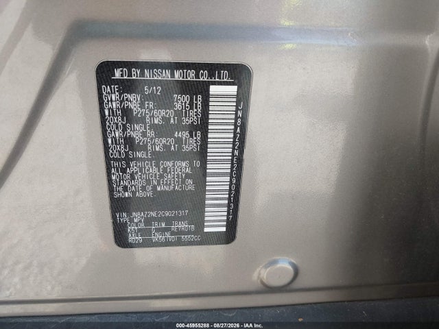 Aukcja sprzedaży 2012 Infiniti Qx56, vin: JN8AZ2NE2C9021317, numer aukcji: 45955288