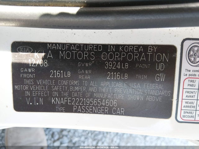 Продаж на аукціоні авто 2009 Kia Spectra Ex, vin: KNAFE222195654606, номер лоту: 45955294