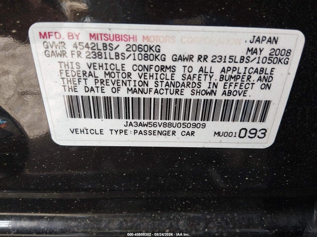 Aukcja sprzedaży 2008 Mitsubishi Lancer Evolution Mr, vin: JA3AW56V88U050909, numer aukcji: 45955302