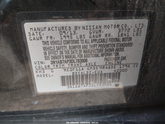 Продаж на аукціоні авто 2013 Nissan Sentra Sv, vin: 3N1AB7AP3DL783006, номер лоту: 45955306