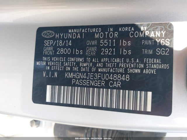 Продаж на аукціоні авто 2015 Hyundai Genesis 3.8, vin: KMHGN4JE3FU048848, номер лоту: 45955316
