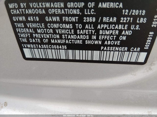 45955325 :رقم المزاد ، 1VWBS7A35EC058435 vin ، 2014 Volkswagen Passat 1.8t Se مزاد بيع