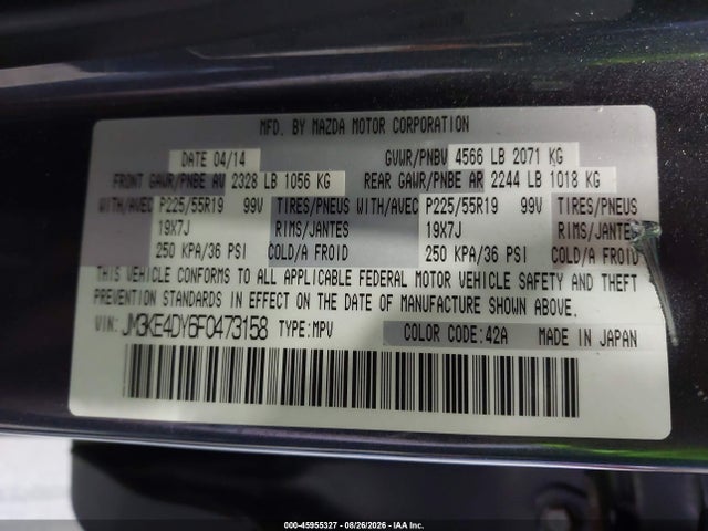 45955327 :رقم المزاد ، JM3KE4DY6F0473158 vin ، 2015 Mazda Cx-5 Grand Touring مزاد بيع