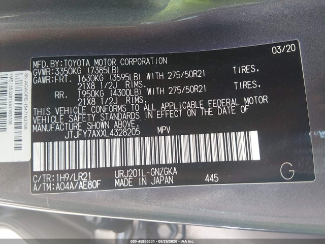 45955331 :رقم المزاد ، JTJFY7AXXL4328205 vin ، 2020 Lexus Lx 570 Two-row مزاد بيع