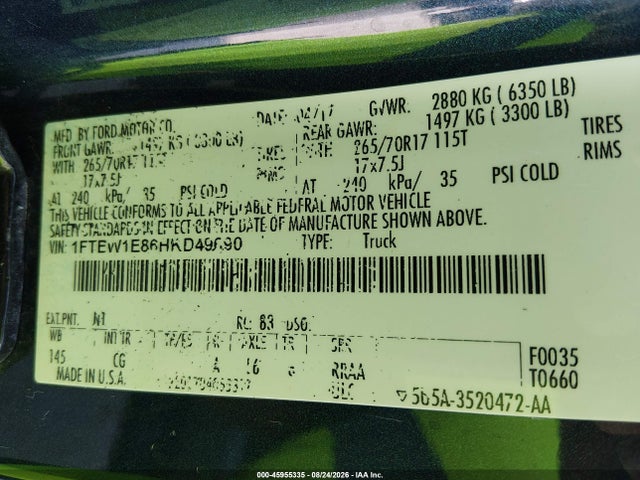 45955335 :رقم المزاد ، 1FTEW1E86HKD49690 vin ، 2017 Ford F-150 Xl مزاد بيع