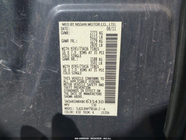 Продажа на аукционе авто 2011 Nissan Pathfinder S, vin: 5N1AR1NBXBC635430, номер лота: 45955339