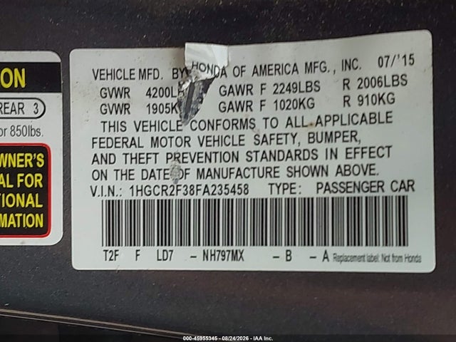 Honda ACCORD LX 2015 1HGCR2F38FA235458 Image 9