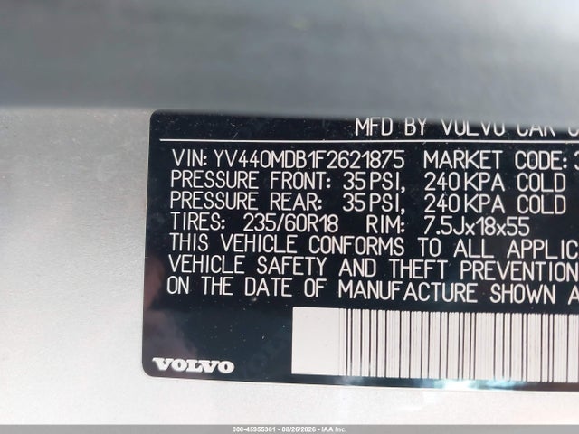 2015 Volvo Xc60 T5 Premier მანქანა იყიდება აუქციონზე, vin: YV440MDB1F2621875, აუქციონის ნომერი: 45955361