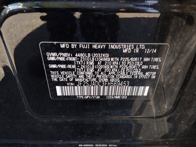 Auction sale of the 2015 Subaru Forester 2.5i Premium, vin: JF2SJADC3FH569453, lot number: 45955363