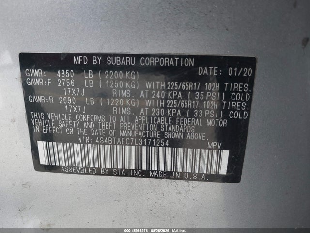 Продаж на аукціоні авто 2020 Subaru Outback Premium, vin: 4S4BTAEC7L3171254, номер лоту: 45955376