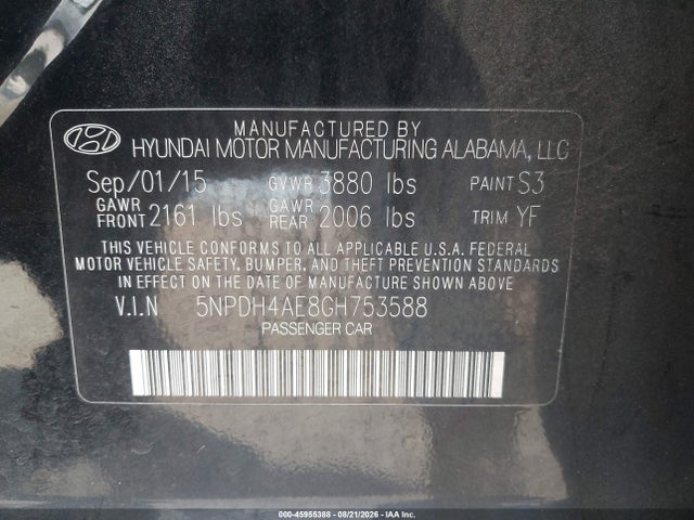 5NPDH4AE8GH753588 Hyundai ELANTRA SE