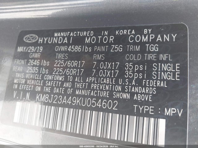 Продаж на аукціоні авто 2019 Hyundai Tucson Se, vin: KM8J23A49KU054602, номер лоту: 45955390