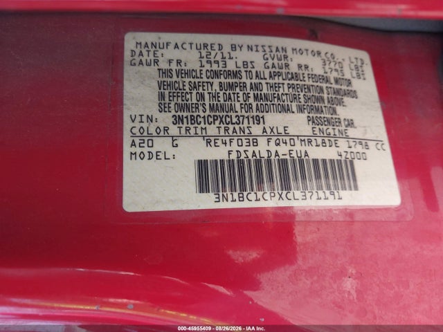 Aukcja sprzedaży 2012 Nissan Versa 1.8 S, vin: 3N1BC1CPXCL371191, numer aukcji: 45955409