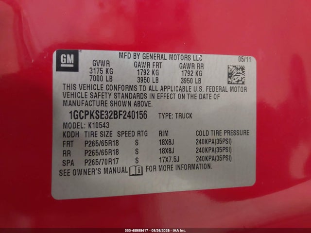 Aukcja sprzedaży 2011 Chevrolet Silverado 1500 Lt, vin: 1GCPKSE32BF240156, numer aukcji: 45955417