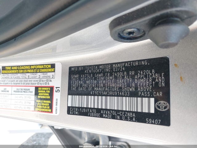 45955424 :رقم المزاد ، 4T1C11AK3RU914633 vin ، 2024 Toyota Camry Le مزاد بيع