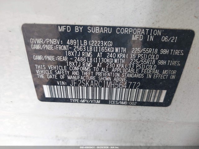 45955431 :رقم المزاد ، JF2SKARC1MH564772 vin ، 2021 Subaru Forester Sport مزاد بيع