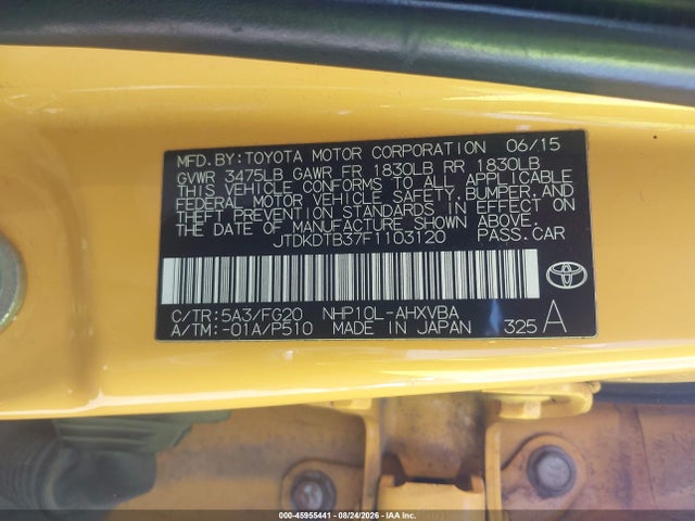 45955441 :رقم المزاد ، JTDKDTB37F1103120 vin ، 2015 Toyota Prius C Two مزاد بيع
