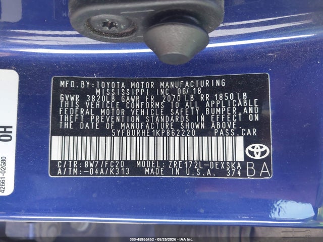 Продажа на аукционе авто 2019 Toyota Corolla Se, vin: 5YFBURHE1KP862220, номер лота: 45955452