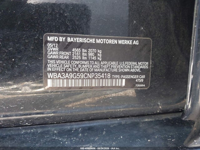 2012 Bmw 335i მანქანა იყიდება აუქციონზე, vin: WBA3A9G59CNP35418, აუქციონის ნომერი: 45955456