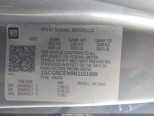 45955461 :رقم المزاد ، 1GCGSCEN9N1151869 vin ، 2022 Chevrolet Colorado 2wd  Short Box Lt مزاد بيع
