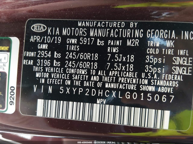 2020 Kia Telluride Lx მანქანა იყიდება აუქციონზე, vin: 5XYP2DHCXLG015067, აუქციონის ნომერი: 45955466