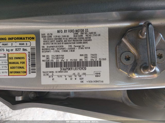 45955483 :رقم المزاد ، 3FA6P0K91LR193920 vin ، 2020 Ford Fusion Titanium مزاد بيع