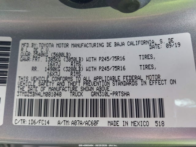 2020 Toyota Tacoma Sr5 V6 მანქანა იყიდება აუქციონზე, vin: 3TMDZ5BN4LM081048, აუქციონის ნომერი: 45955494