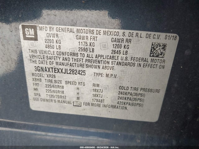Aukcja sprzedaży 2018 Chevrolet Equinox Lt, vin: 3GNAXTEXXJL282425, numer aukcji: 45955495
