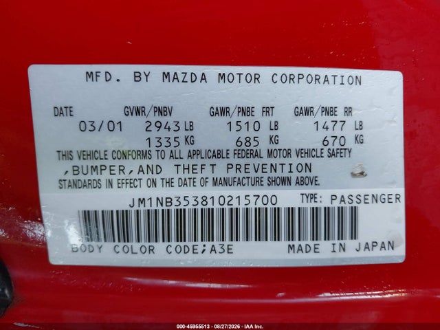Aukcja sprzedaży 2001 Mazda Mx-5 Miata Ls/special Edition, vin: JM1NB353810215700, numer aukcji: 45955513