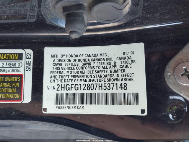 2007 Honda Civic Ex მანქანა იყიდება აუქციონზე, vin: 2HGFG12807H537148, აუქციონის ნომერი: 45955514